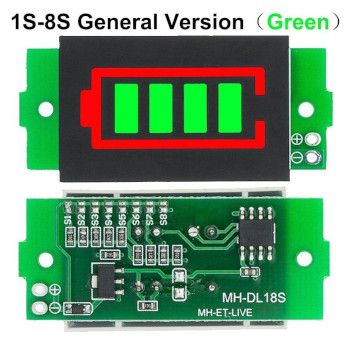 LED Индикатор уровня заряда Li-Ion (литий-ионных) аккумуляторных сборок 1S-8S (зелёный)