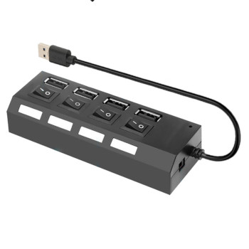 USB хаб концентратор разветвитель на 4 USB порта с кабелем 45 см, тумблерами и световыми индикаторами, чёрный