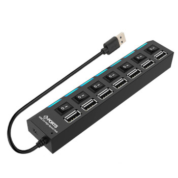 USB хаб концентратор разветвитель на 7 USB портов с кабелем 45 см, тумблерами и световыми индикаторами, чёрный